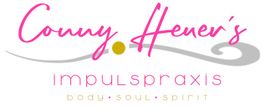 Logo mit dem Text: Conny Hener's Impulspraxis, Body-Soul-Spirit in Rosa und Grau.