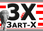 Ein Elefant vor rotem Streifenmuster und dem Text "3ART-X" auf einem rechteckigen Schild.
