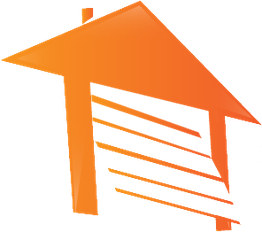 Orange stylized house with slanted roof and horizontal lines.