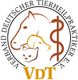 Logo des Verbands Deutscher Tierheilpraktiker mit Tieren und Äskulapstab, Text "VDT" unten.