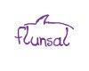 Lila Umriss eines Hais mit dem Schriftzug "Flunsal" in lila Buchstaben darunter.