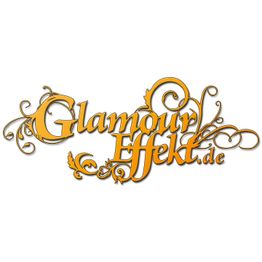 Logo in dekorativer Schrift: "Glamour Effekt.de" in Gold mit floralen Verzierungen.