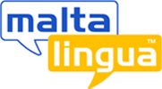 Logo mit blauen und gelben Sprechblasen: "Malta" in Blau, "lingua" in Gelb.