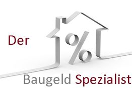 Stilisiertes Haus mit Prozentzeichen, Text: "Der Baugeld Spezialist" in Rot und Grau.