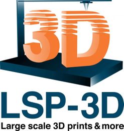 3D-Druck-Logo, LSP-3D, mit Slogan "Large scale 3D prints & more", orangefarbene Schrift.