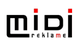 Schwarzes "MIDI Reklame" Logo mit roten Quadraten über "M" und "I" im weißen Hintergrund.
