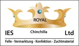 Goldene Krone mit blauem Edelstein, darunter Text: IES Chinchilla Ltd, Felle und Vermarktung.