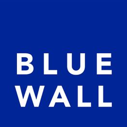 Blauer Hintergrund mit weißem Text "BLUE WALL".