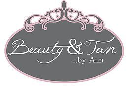 Ovale grijze logo van "Beauty & Tan by Ann" met roze krullen.