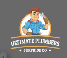 Cartoon plumber logo with wrench, text: "Ultimate Plumbers, Surprise Co." on gray background.