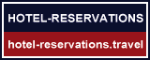 „Hotel-Reservierungen“: Dunkelblau/roter Banner mit Website hotel-reservations.travel.