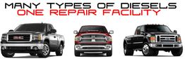 Three diesel trucks with text: "Many types of diesels, one repair facility."