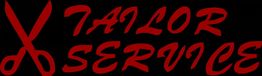 Rote Schere und Schrift "TAILOR SERVICE" auf schwarzem Hintergrund.