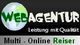Logo mit Globus, Text: "WEBAGENTUR Leistung mit Qualität, Multi-Online Reiser" in grün und schwarz.