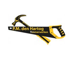 Hamer en zaag met de tekst "P.M. den Hartog Timmerwerken" op een witte achtergrond.