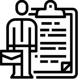 Icon of a person with a briefcase next to a clipboard with text and a folded corner.