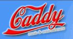 Rotes "Caddy"-Logo auf blauem Hintergrund mit Text: "music & entertainment".