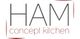 Logo mit Text "HAM concept kitchen" in grau und rot.