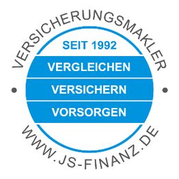 Blaues Siegel mit Text: Vergleichen, Versichern, Vorsorgen, seit 1992. Webseite: js-finanz.de.