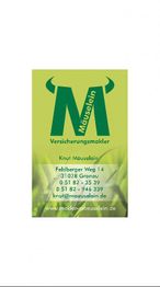 Grüne Visitenkarte von "Mäuselein Versicherungsmakler" mit Kontaktdaten in Gronau.
