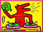 Roter Cartoon-DJ mixt Musik mit Plattentellern, bunte Noten und CDs umgeben ihn.