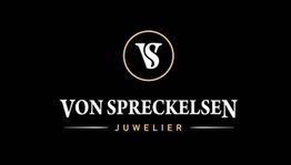 Logo von "Von Spreckelsen Juwelier" auf schwarzem Hintergrund mit goldenem Kreis und Buchstaben "VS".