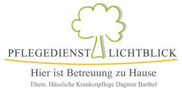 Pflegedienst Lichtblick Logo mit Baum, Text: "Hier ist Betreuung zu Hause, Dagmar Barthel".