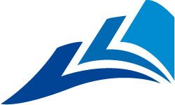 Abstraktes blaues Logo mit geschwungenen, geometrischen Formen.