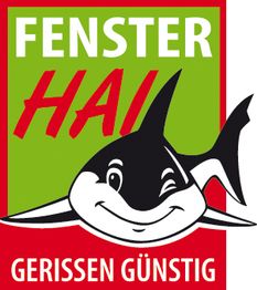 Lächelnder Hai mit Text "Fensterhai, gerissen günstig" auf grün-rotem Hintergrund.