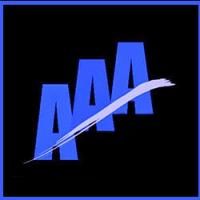 "Three blue A's with a diagonal swoosh on a black background."