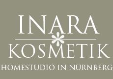 Grafik mit Text: "Inara Kosmetik, Homestudio in Nürnberg" auf grauem Hintergrund.
