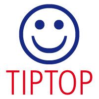 Lächelndes Gesicht im blauen Kreis über dem roten Text „TIPTOP“.