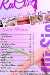 Preisliste für Waxing-Dienstleistungen mit Kategorien und Preisen in Euro auf rosa Hintergrund.