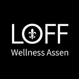 LOFF Wellness Assen logo met een witte lelie in de letter O op zwarte achtergrond.
