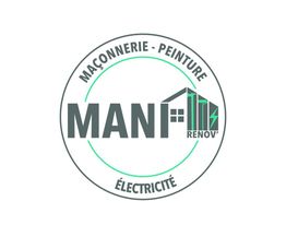 Logo de MANI RENOV', entreprise de maçonnerie, peinture et électricité avec icône de maison.
