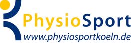 Logo von PhysioSport Köln mit Website-Adresse in Blau und Gelb.