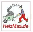 Mann schiebt Schubkarre mit Heizgerät, darunter steht "HeizMax.de".