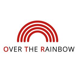 Logo con un arcoíris rojo y el texto "Over the Rainbow" en negro y rojo.