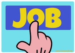 Eine Hand zeigt auf das Wort "JOB" auf einem blauen Hintergrund.