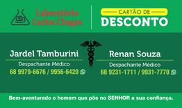 Cartão de desconto do Laboratório Carlos Chagas com contatos de despachantes médicos.