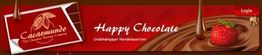 Rotes Banner mit Schriftzug "Happy Chocolate" und Erdbeere in Schokolade getaucht.