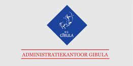 Blauw logo met centaur en pijl; tekst: Administratiekantoor Gibula.