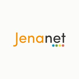 Logo mit Schriftzug „Jenanet“ in Orange und Grau, darunter vier bunte Punkte.