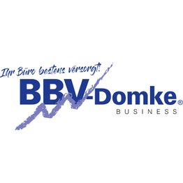 Logo mit dem Text "Im Büro bestens versorgt! BBV-Domke BUSINESS" mit blauer und lila Schrift.