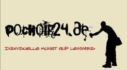 Silhouette eines Künstlers mit Spraydose, Text: "Pochoir24.de – Individuelle Kunst auf Leinwand".