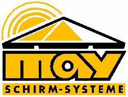 Gelbes und schwarzes Logo mit den Worten "May Schirm-Systeme" und einem stilisierten Dach.