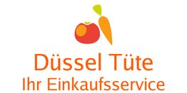 Tomate und Karotte über dem Text "Düssel Tüte - Ihr Einkaufsservice" in orange.