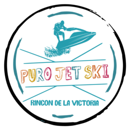 Logotipo de Puro Jet Ski, con una persona en moto acuática y texto colorido.