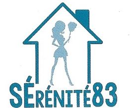 Silhouette femme ménage dans une maison, texte "Sérénité83" en bleu.