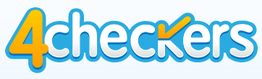 Logo mit Schriftzug "4checkers" in blau-weiß, wobei die Zahl 4 und das "k" orange sind.